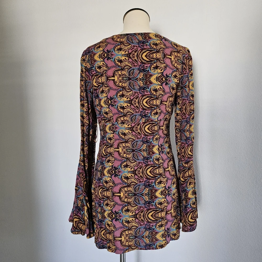 NWT Free People Ossie Vibes Boho Paisley Hippie Bell Sleeve Mini Dress Size 2 - Picture 8 of 14